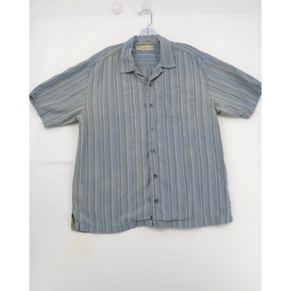 Tommyβ Bahama Mens Large Blue Green Striped 100% Silk Short Sleeve Camp Shirt
